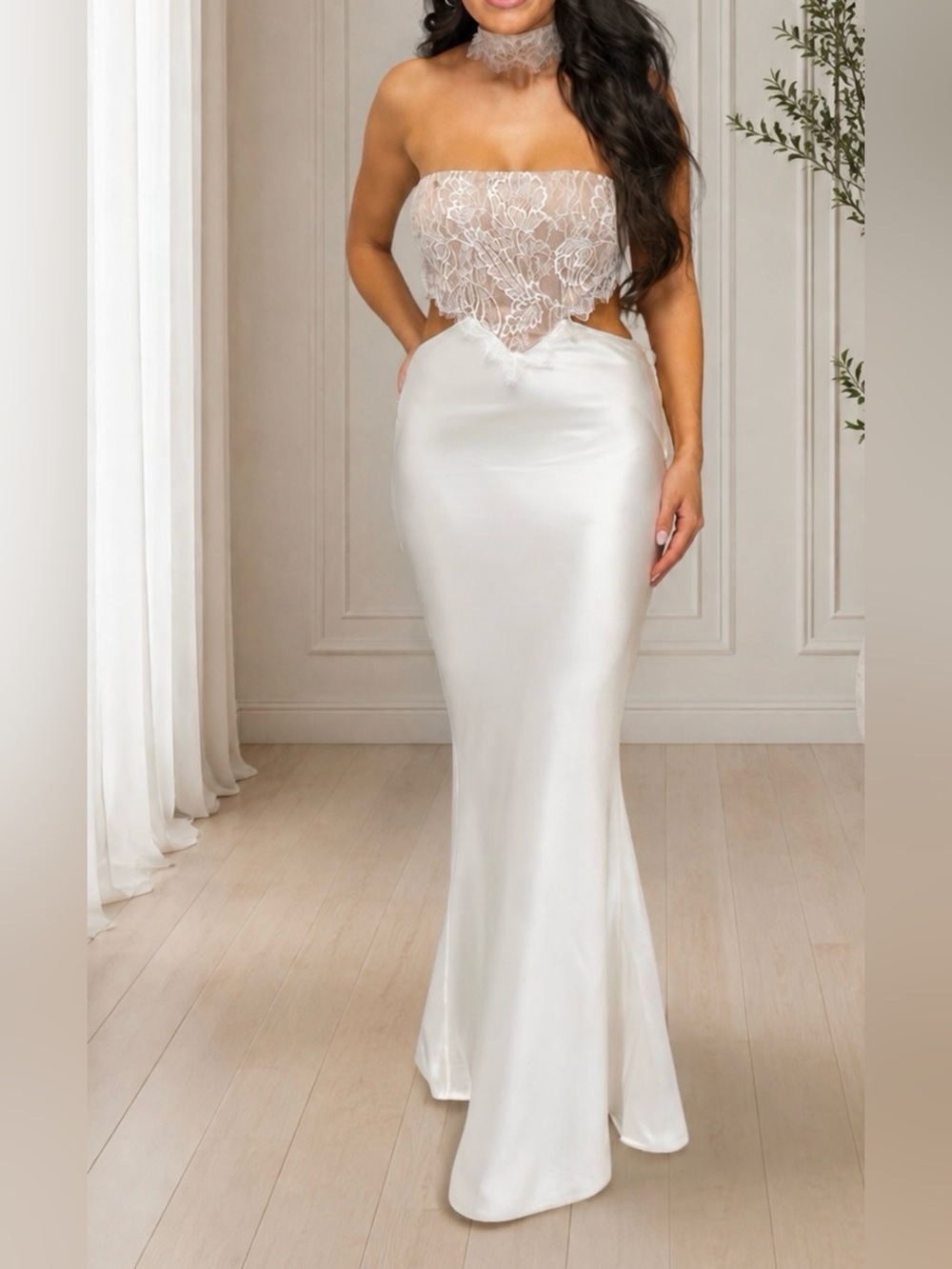 Retrofete Lucie Dress - Strapless White Lace Satin Dress - Picture 3 of 4